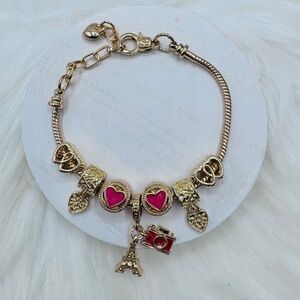 Gold Eiffel Tower & cute Charms Bracelet with Red Accents